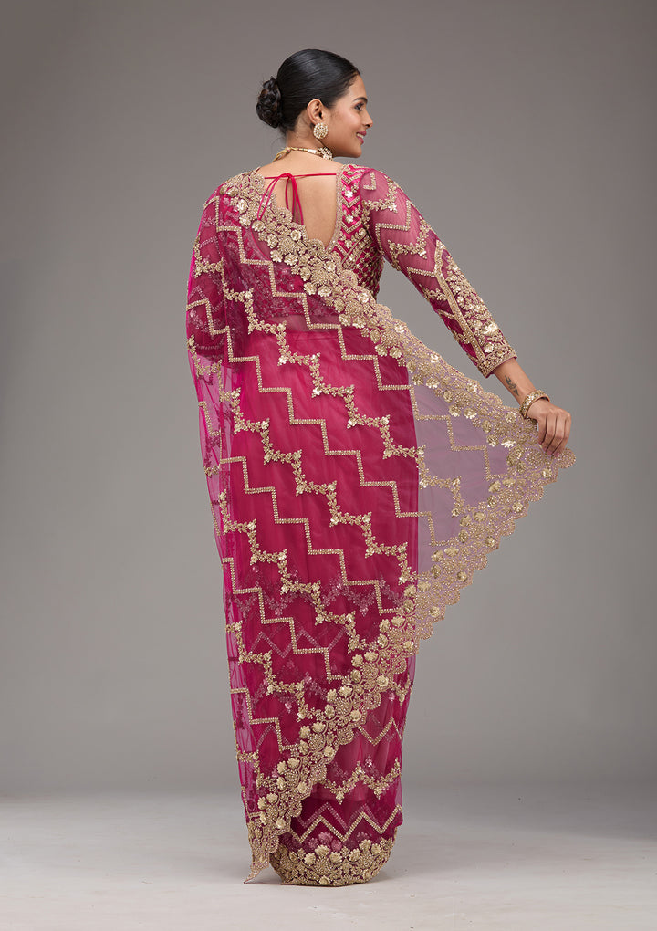 Rani Pink Net Cording Saree With Matching Blouse Piece