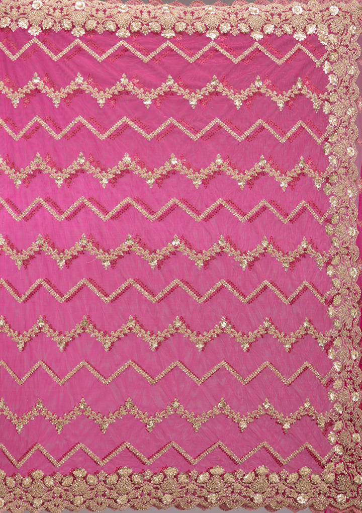 Rani Pink Net Cording Saree With Matching Blouse Piece