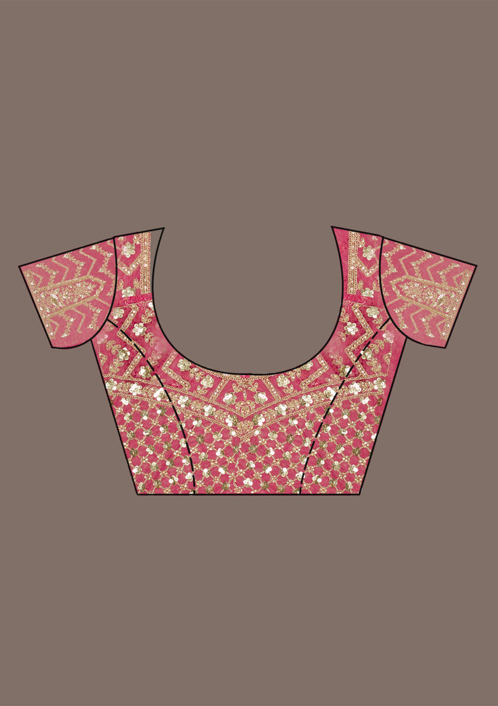Rani Pink Net Cording Saree With Matching Blouse Piece