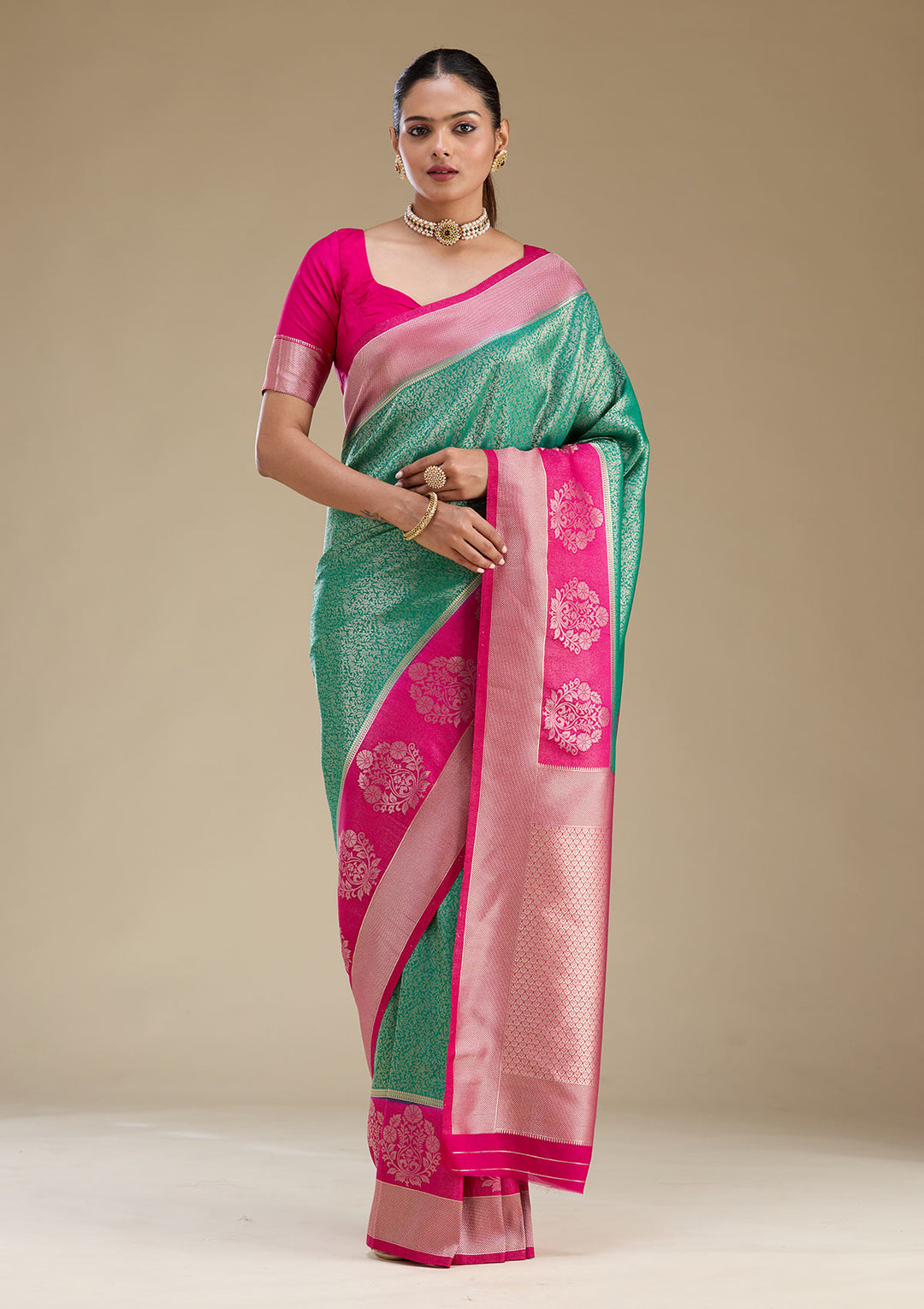 Rama Green Silk Jaal Gold Zariwork Saree With Matching Blouse Piece