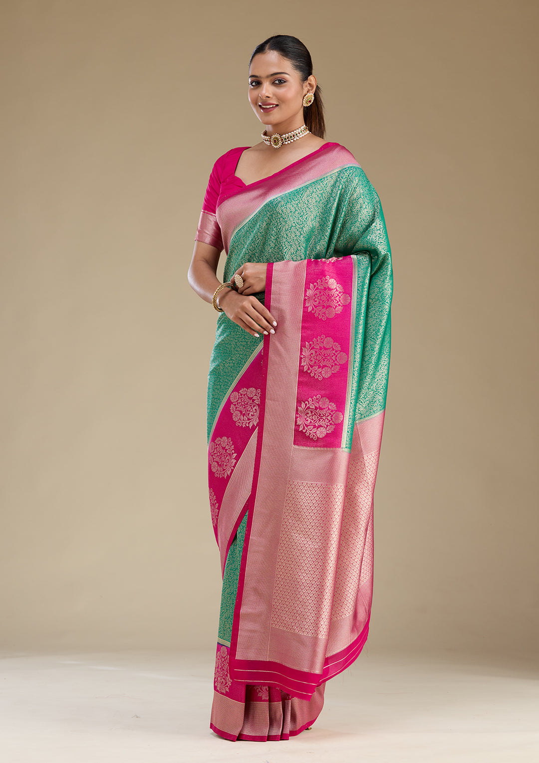Rama Green Silk Jaal Gold Zariwork Saree With Matching Blouse Piece