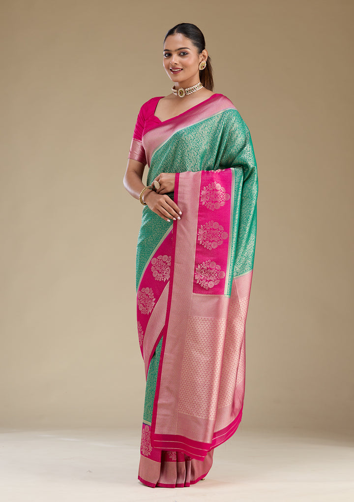 Rama Green Silk Jaal Gold Zariwork Saree With Matching Blouse Piece