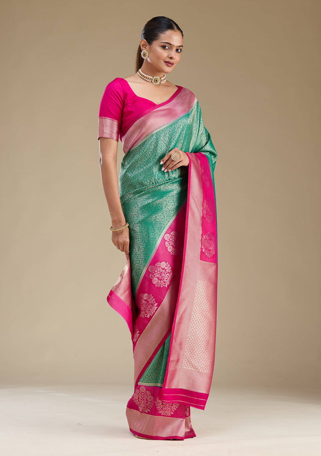 Rama Green Silk Jaal Gold Zariwork Saree With Matching Blouse Piece