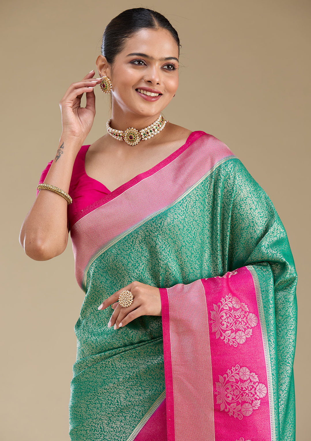 Rama Green Silk Jaal Gold Zariwork Saree With Matching Blouse Piece