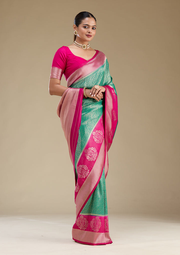 Rama Green Silk Jaal Gold Zariwork Saree With Matching Blouse Piece