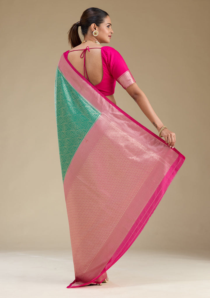 Rama Green Silk Jaal Gold Zariwork Saree With Matching Blouse Piece