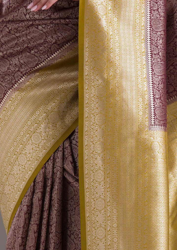 Dark Maroon Silk Jaal Gold Zariwork Saree With Matching Blouse Piece