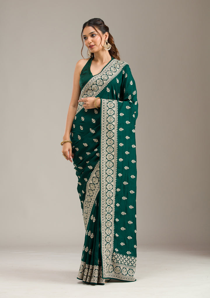 Bottle Green Stonework (Gold) Soft Raw Silk Saree