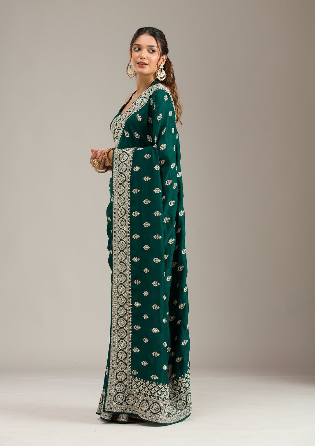 Bottle Green Stonework (Gold) Soft Raw Silk Saree