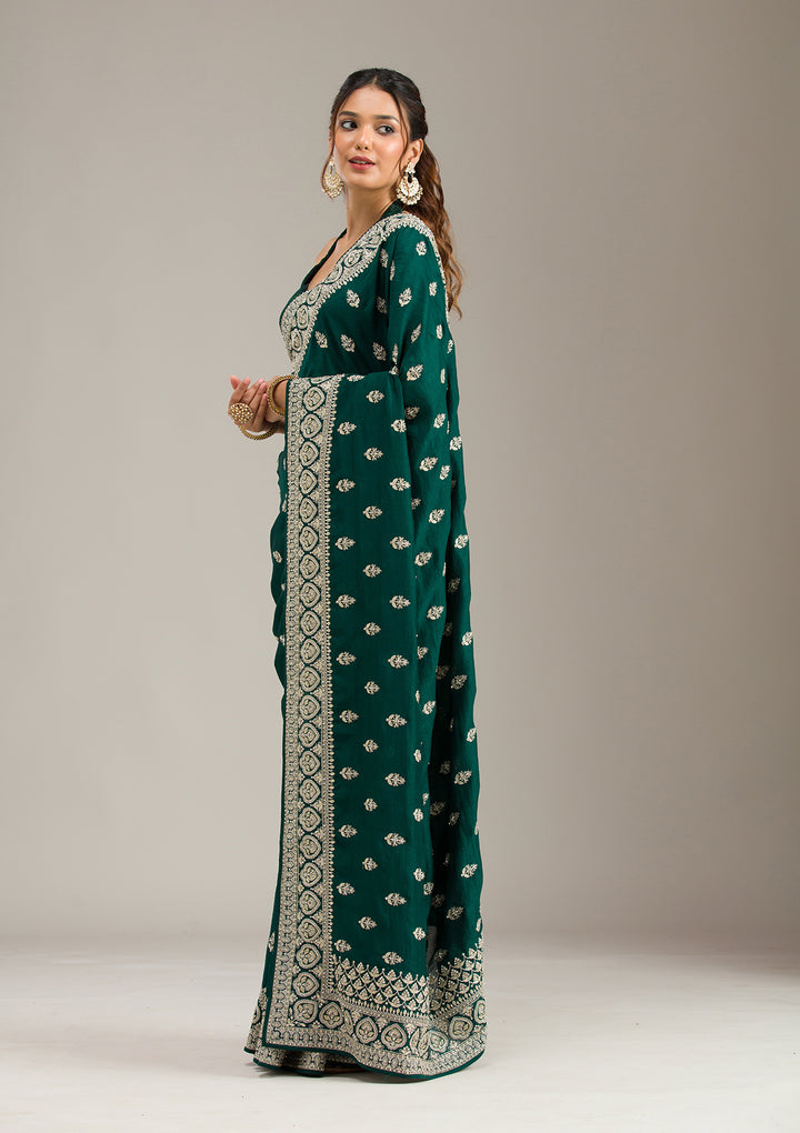 Bottle Green Stonework (Gold) Soft Raw Silk Saree