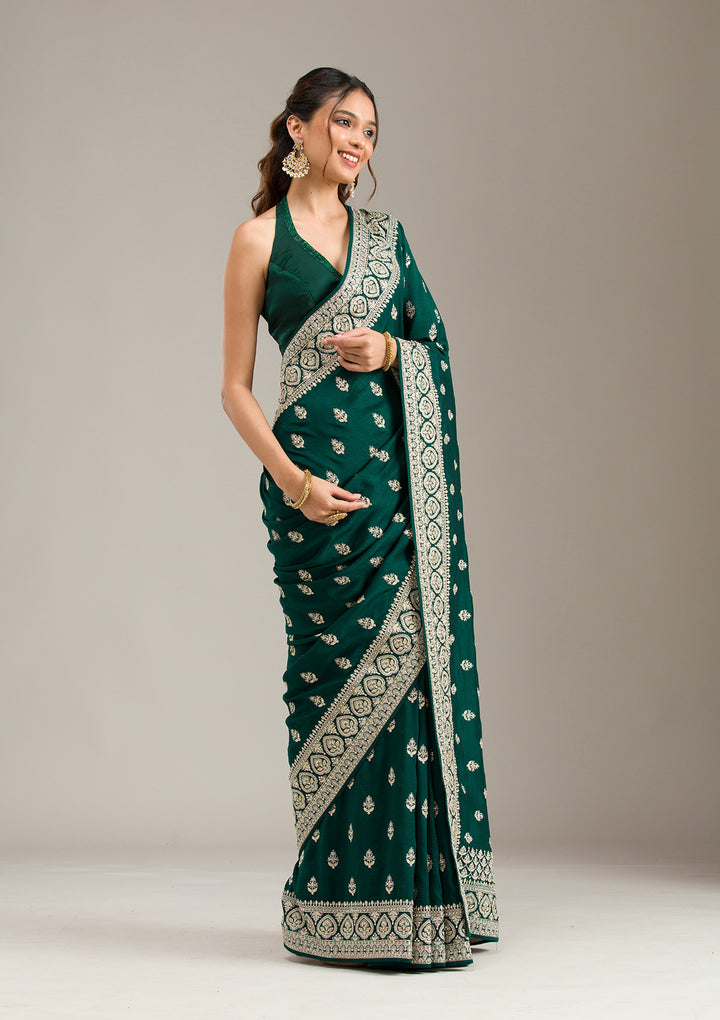Bottle Green Stonework (Gold) Soft Raw Silk Saree
