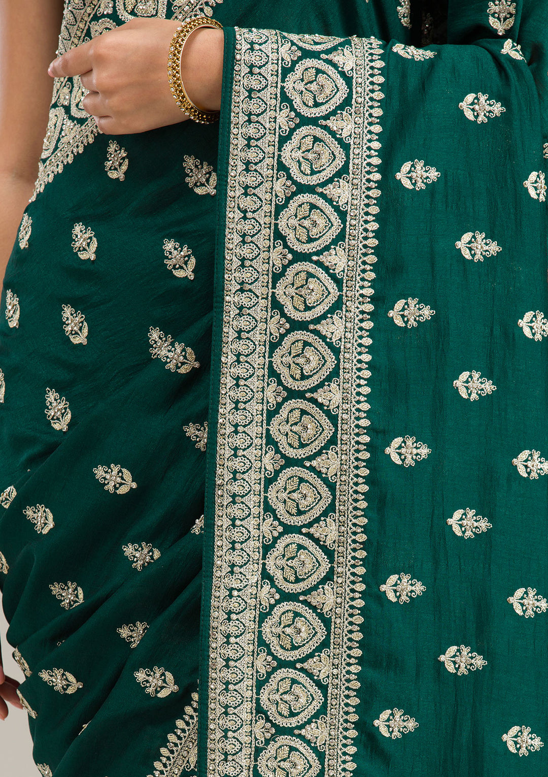 Bottle Green Stonework (Gold) Soft Raw Silk Saree