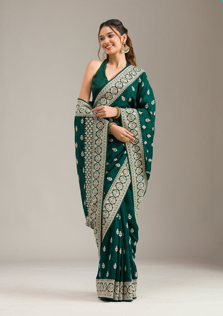 Bottle Green Stonework (Gold) Soft Raw Silk Saree