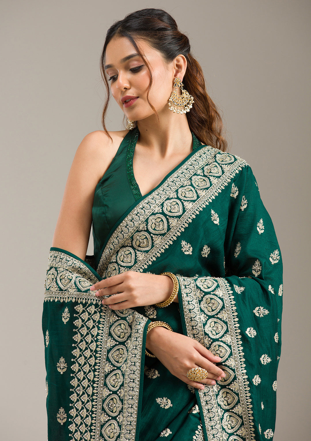 Bottle Green Stonework (Gold) Soft Raw Silk Saree
