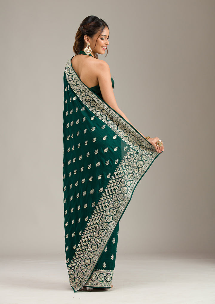 Bottle Green Stonework (Gold) Soft Raw Silk Saree