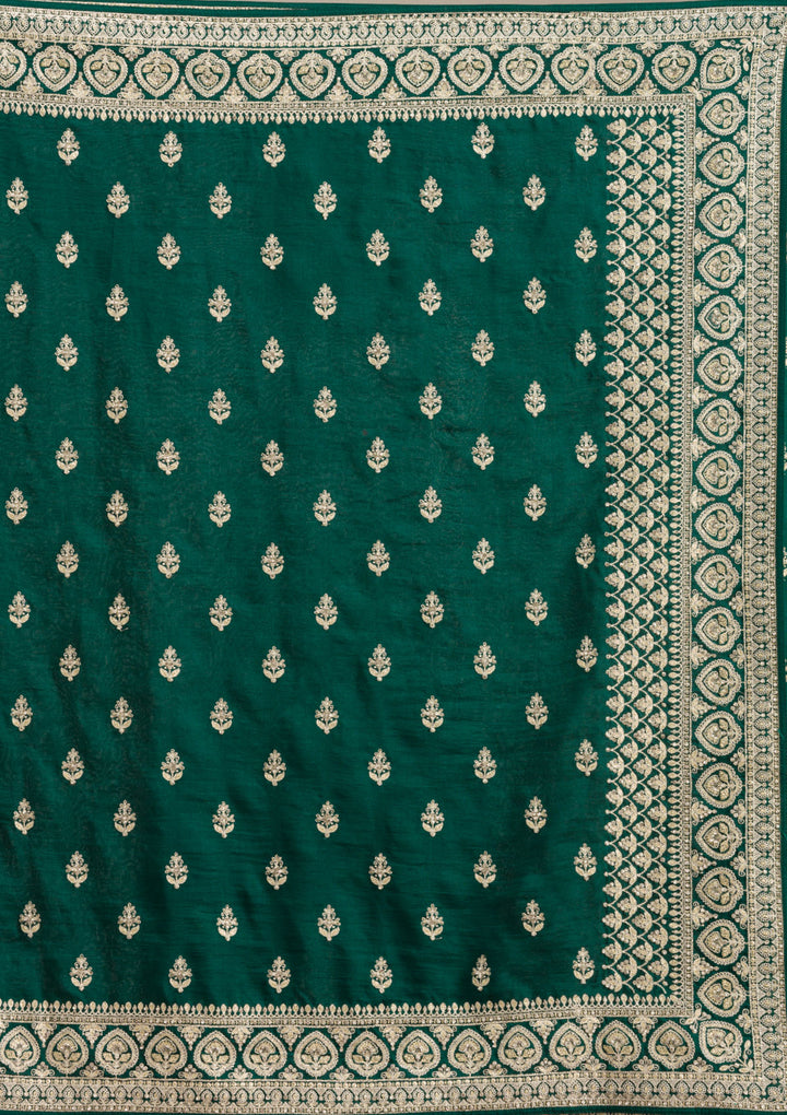 Bottle Green Stonework (Gold) Soft Raw Silk Saree