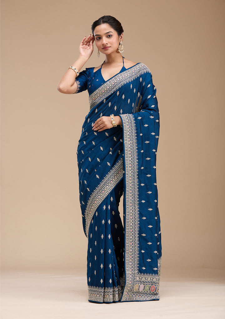 Peacock Blue Soft Raw Silk Threadwork Saree With Matching Blouse Piece