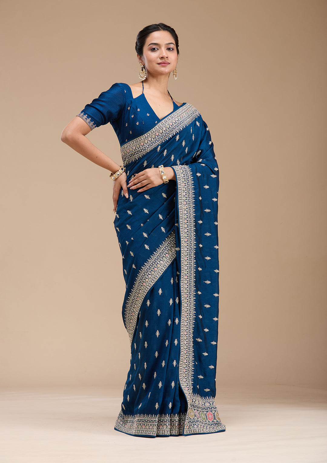 Peacock Blue Soft Raw Silk Threadwork Saree With Matching Blouse Piece