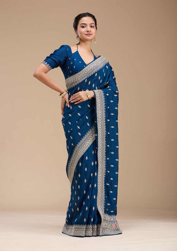 Peacock Blue Soft Raw Silk Threadwork Saree With Matching Blouse Piece