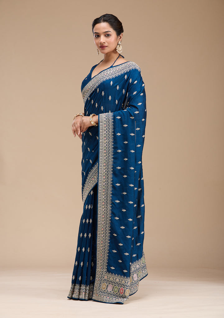 Peacock Blue Soft Raw Silk Threadwork Saree With Matching Blouse Piece