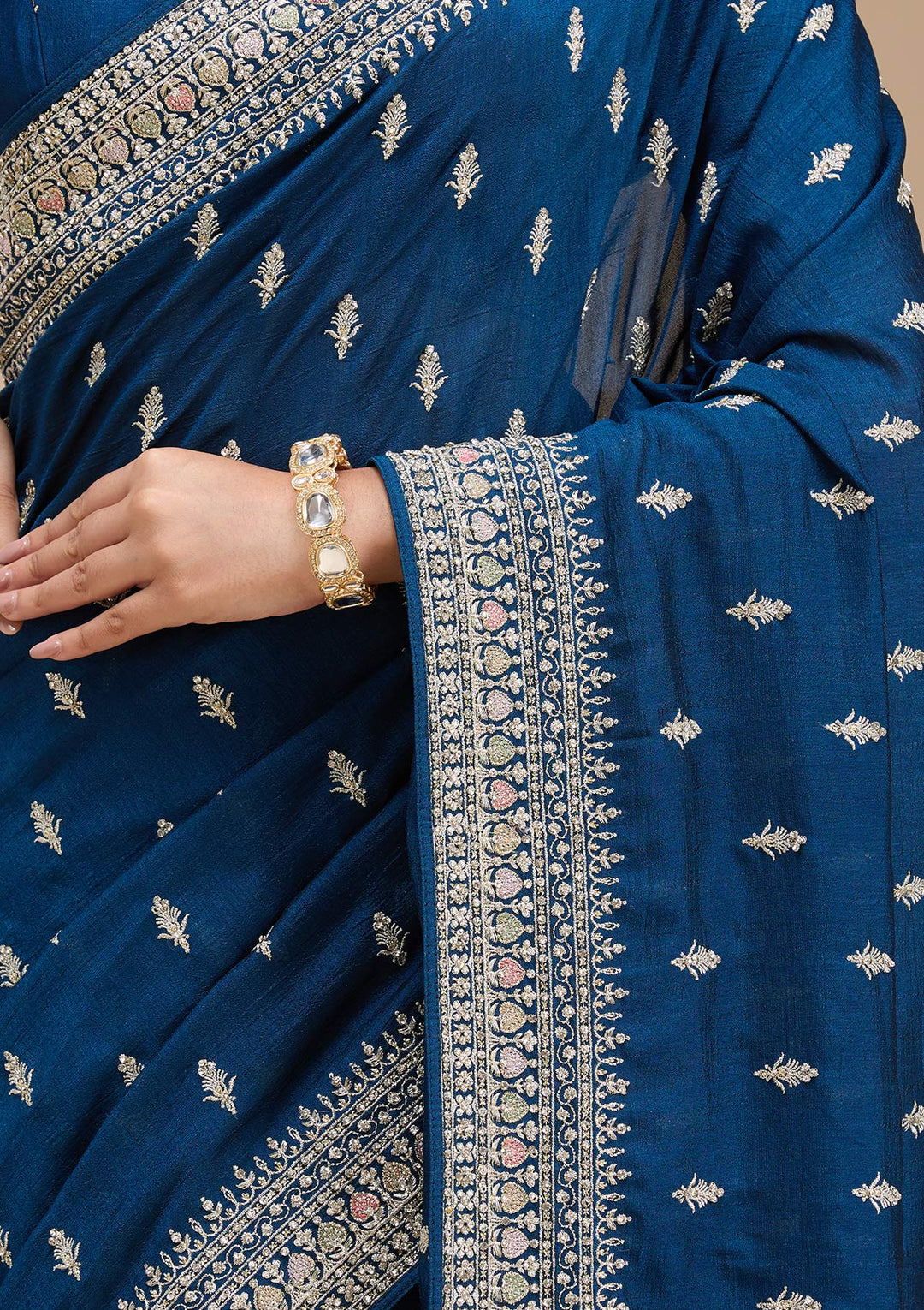 Peacock Blue Soft Raw Silk Threadwork Saree With Matching Blouse Piece