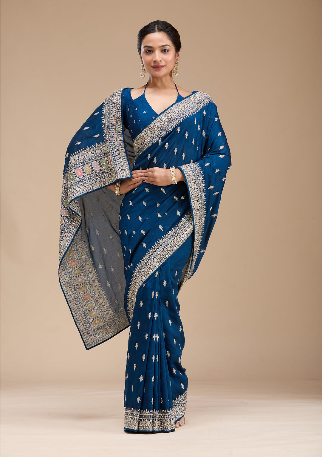 Peacock Blue Soft Raw Silk Threadwork Saree With Matching Blouse Piece