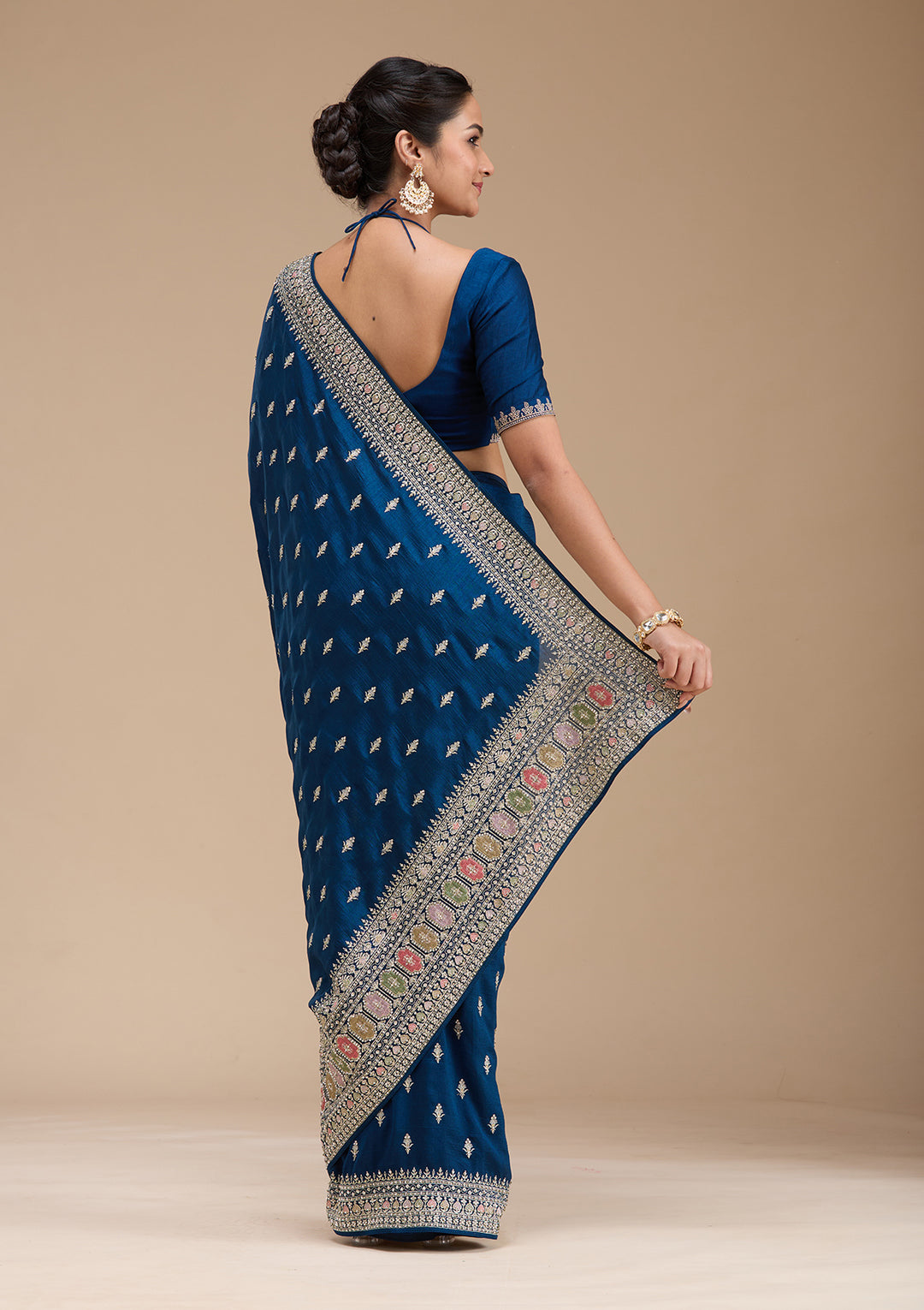 Peacock Blue Soft Raw Silk Threadwork Saree With Matching Blouse Piece