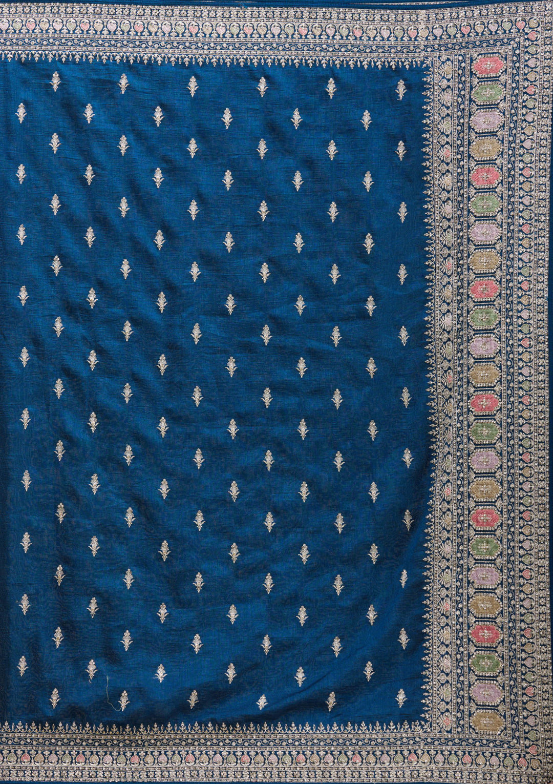 Peacock Blue Soft Raw Silk Threadwork Saree With Matching Blouse Piece