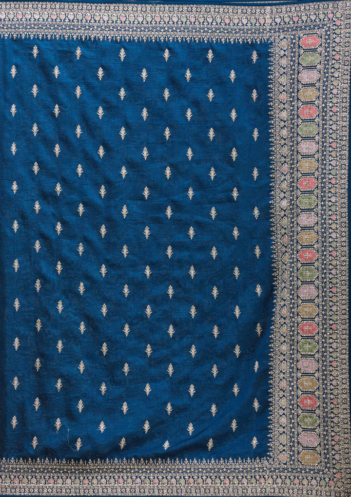 Peacock Blue Soft Raw Silk Threadwork Saree With Matching Blouse Piece