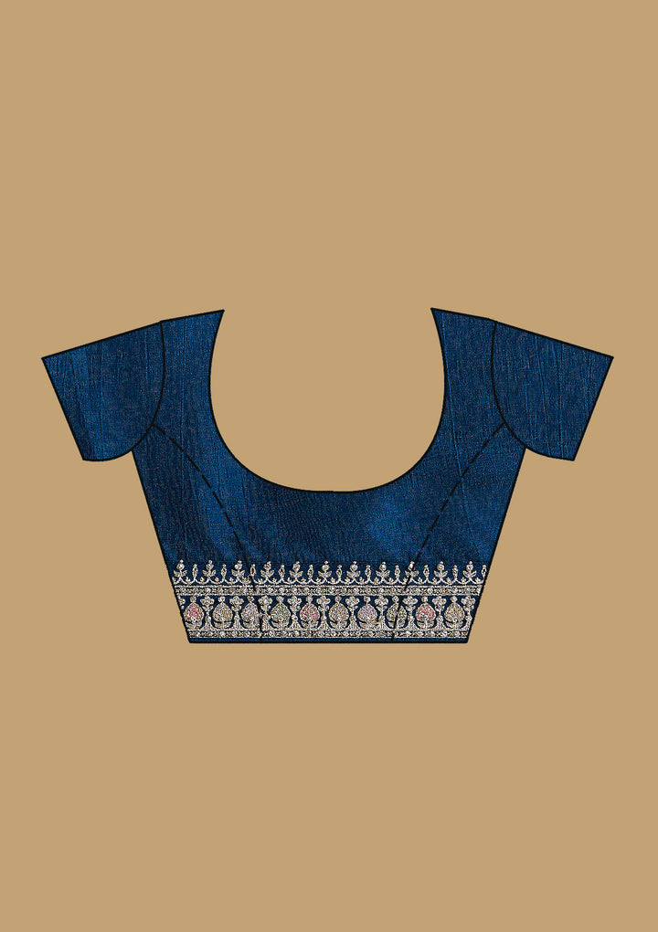 Peacock Blue Soft Raw Silk Threadwork Saree With Matching Blouse Piece