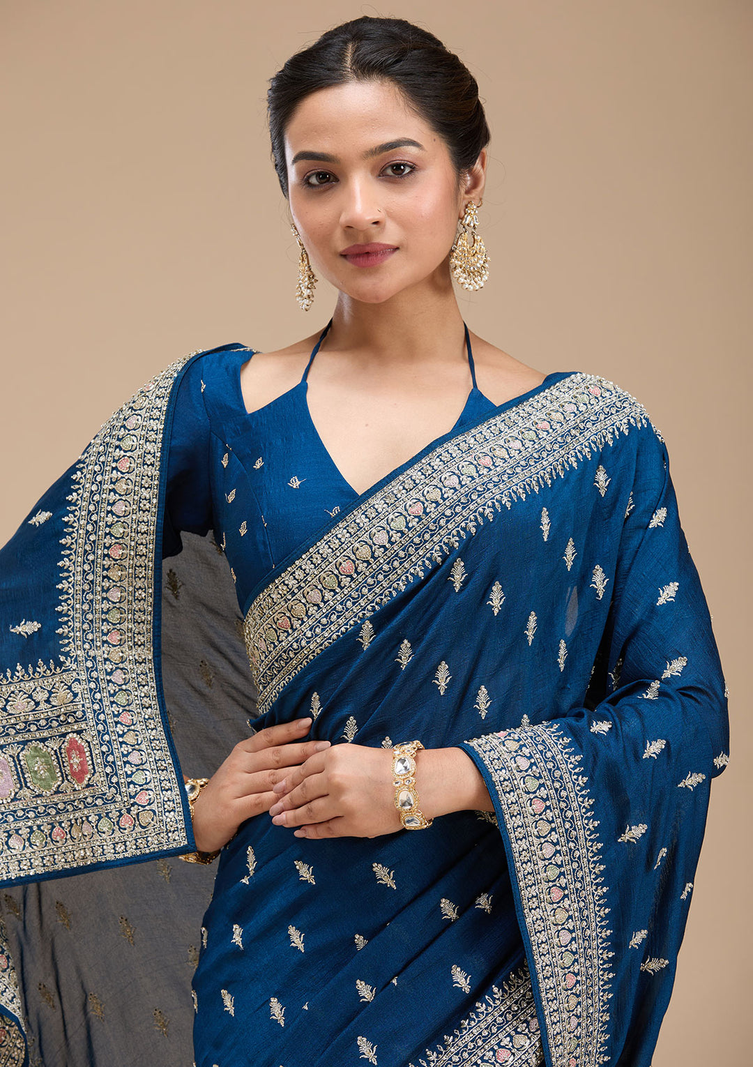 Peacock Blue Soft Raw Silk Threadwork Saree With Matching Blouse Piece