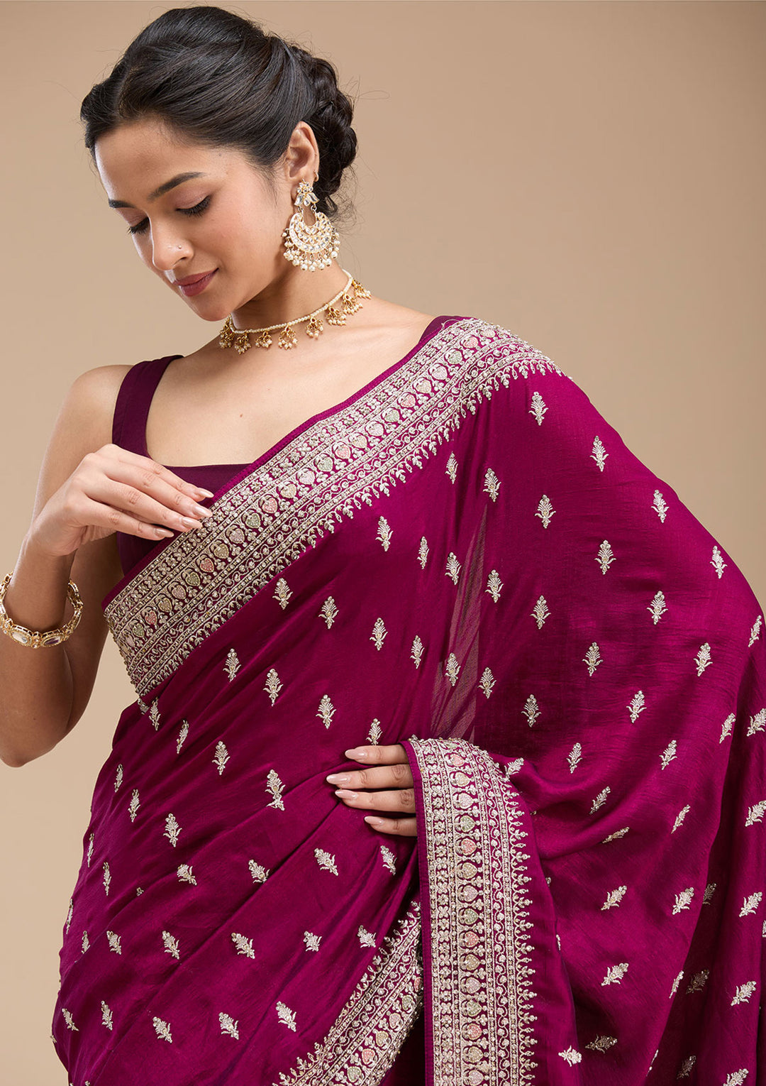Wine Threadwork Soft Raw Silk Saree