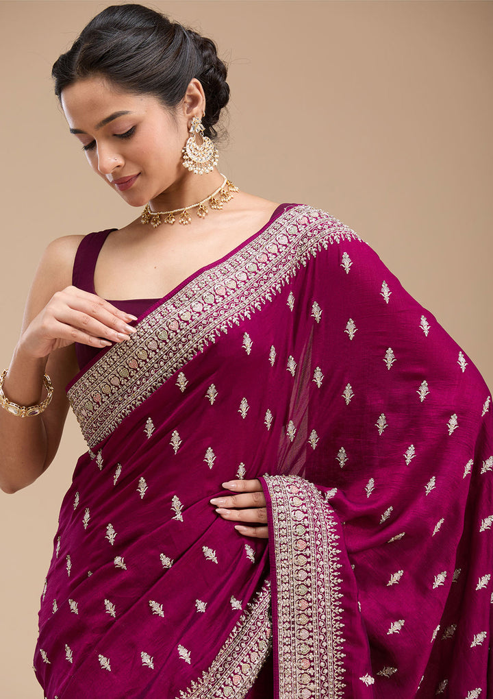 Wine Threadwork Soft Raw Silk Saree