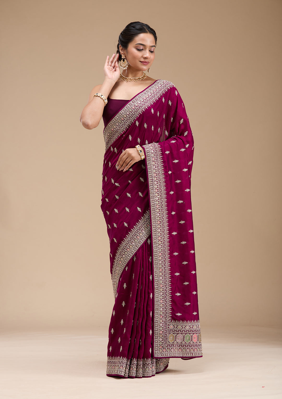 Wine Threadwork Soft Raw Silk Saree
