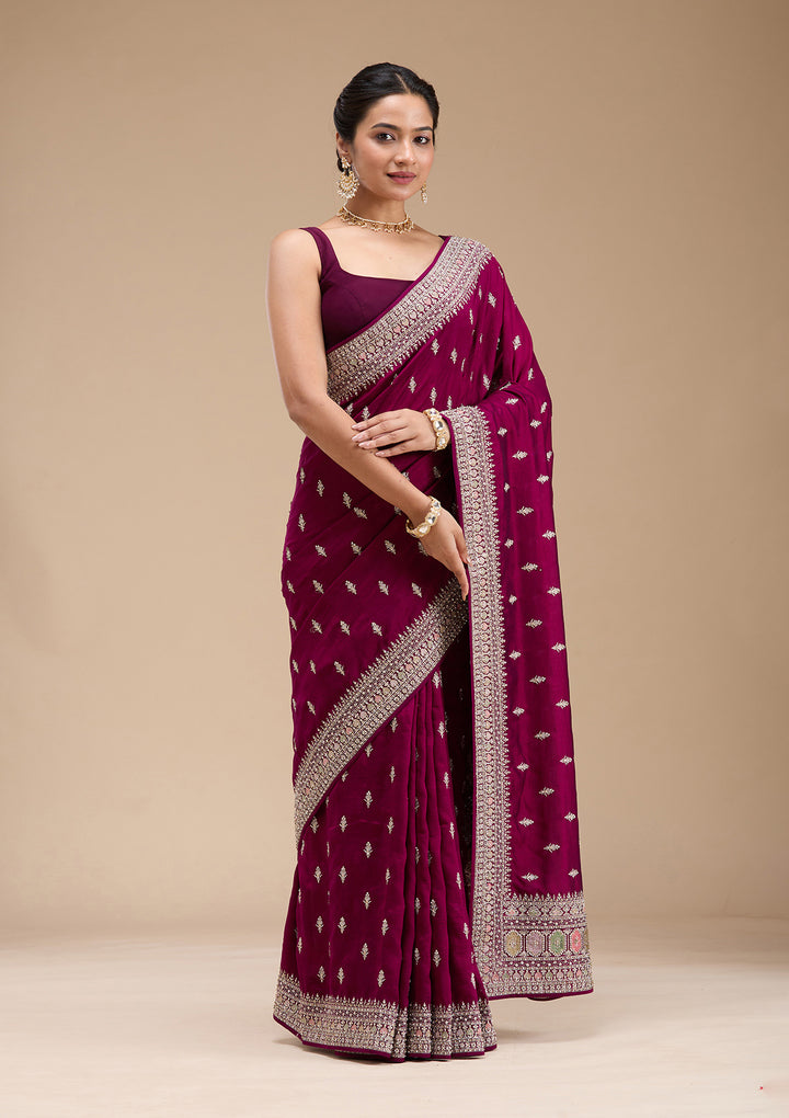 Wine Threadwork Soft Raw Silk Saree