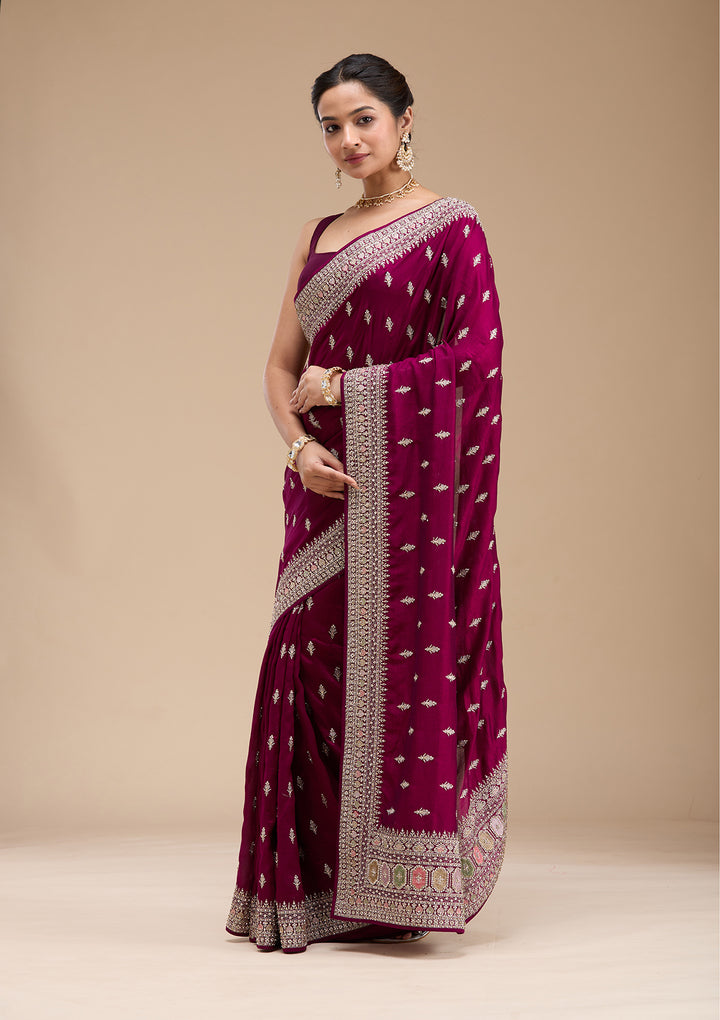 Wine Threadwork Soft Raw Silk Saree