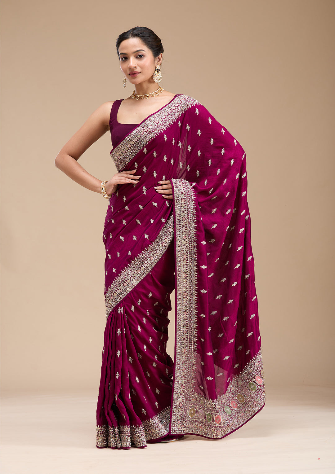 Wine Threadwork Soft Raw Silk Saree