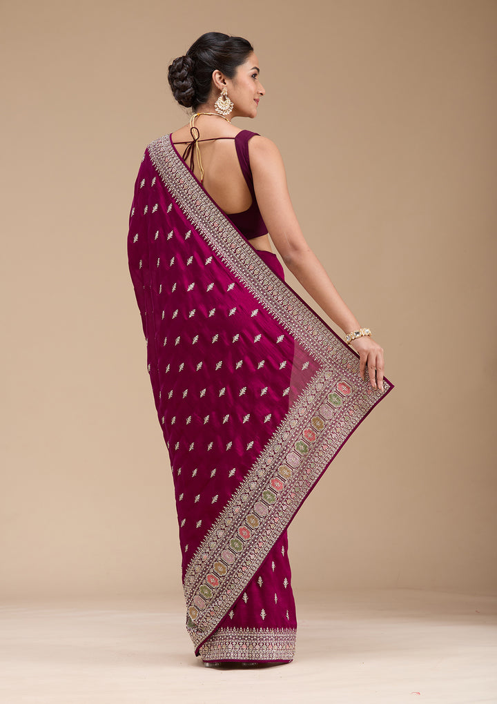 Wine Threadwork Soft Raw Silk Saree