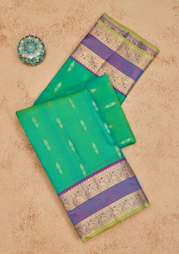 Rama Green Silk Buti Gold Zariwork Saree With Matching Blouse Piece