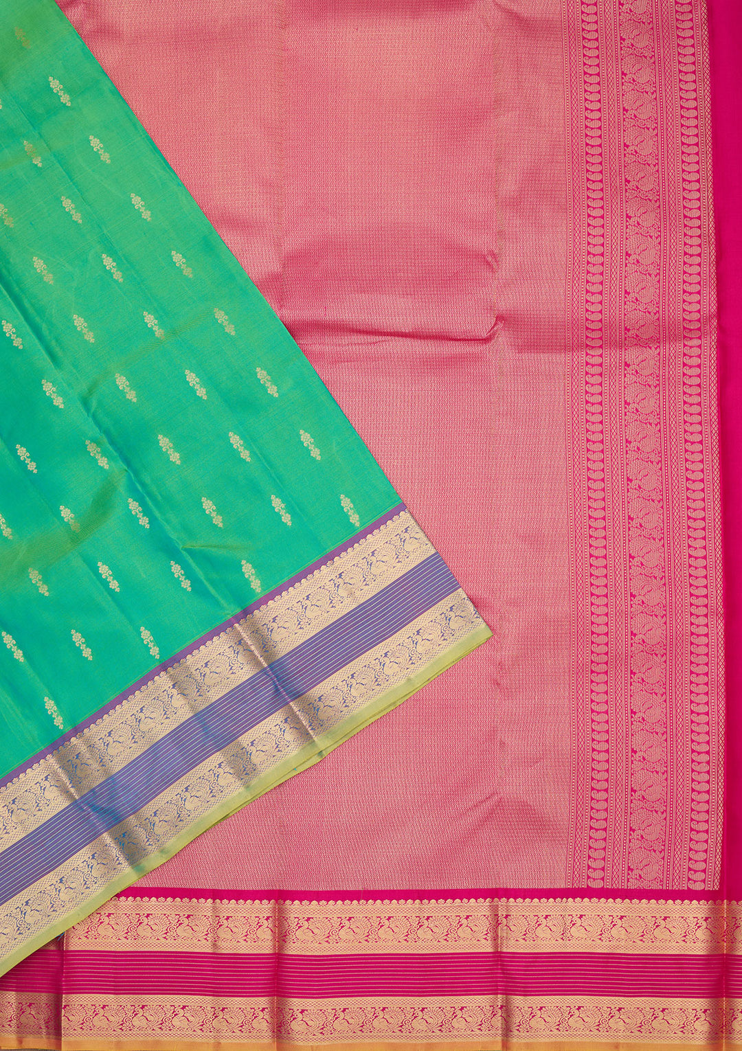 Rama Green Silk Buti Gold Zariwork Saree With Matching Blouse Piece