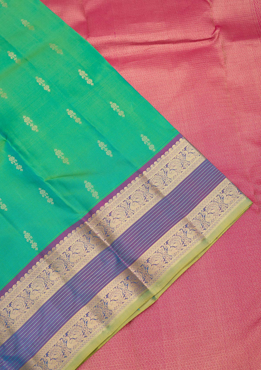 Rama Green Silk Buti Gold Zariwork Saree With Matching Blouse Piece