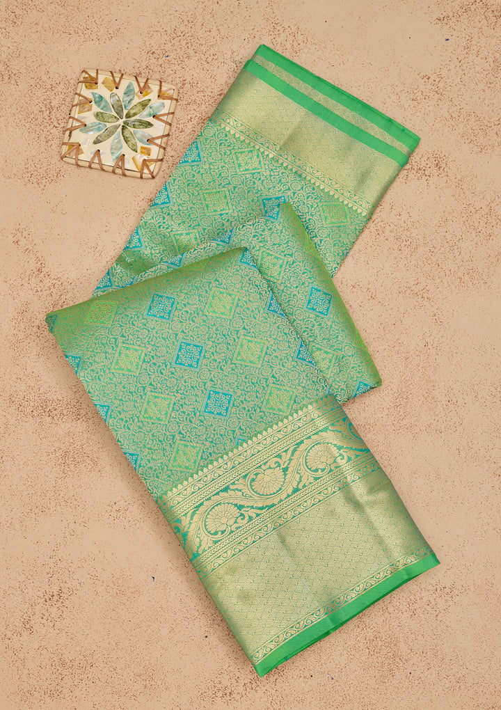 Green Silk Jaal Gold Zariwork Saree With Matching Blouse Piece