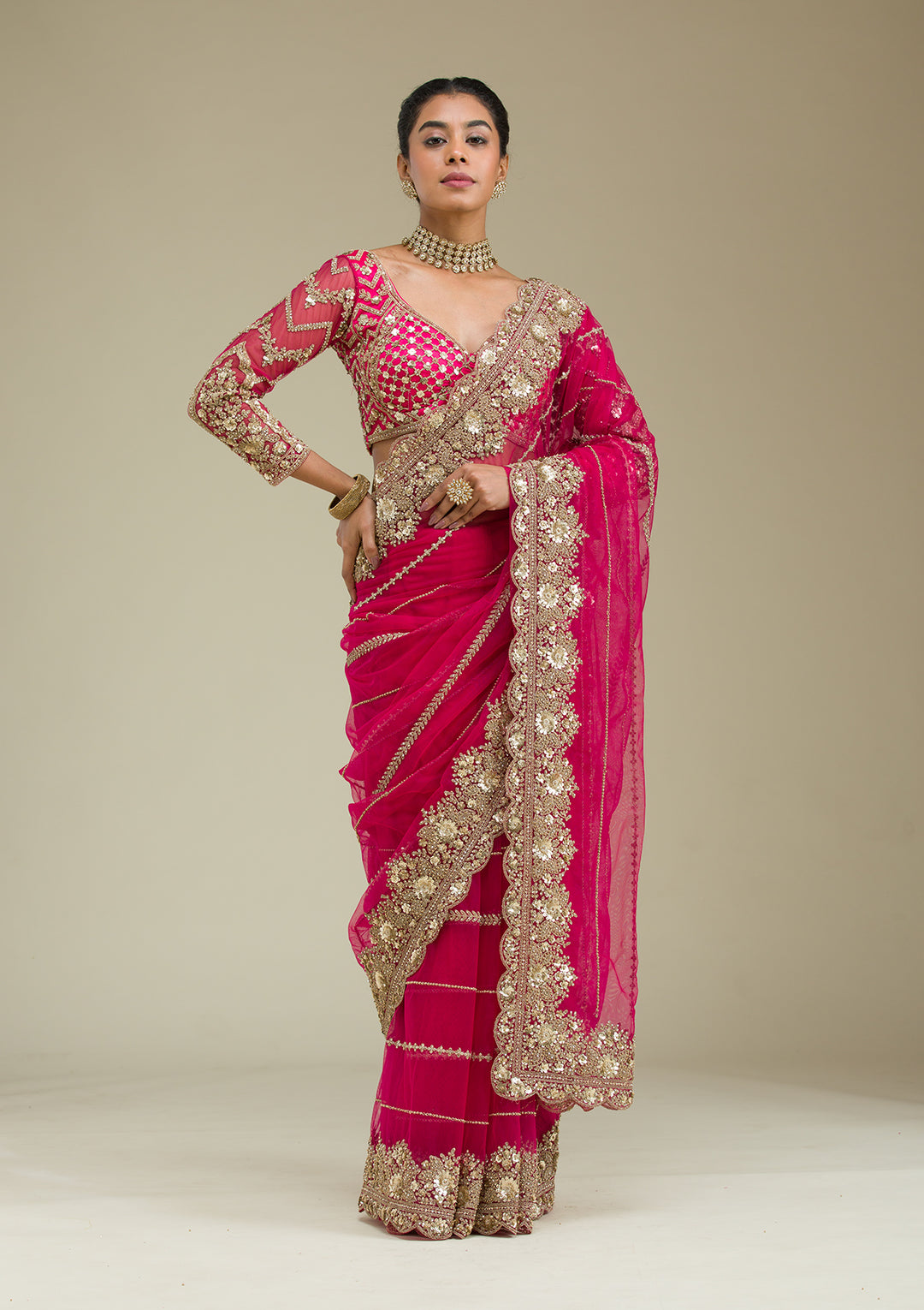 Rani Pink Tissue Cording Saree With Matching Blouse Piece