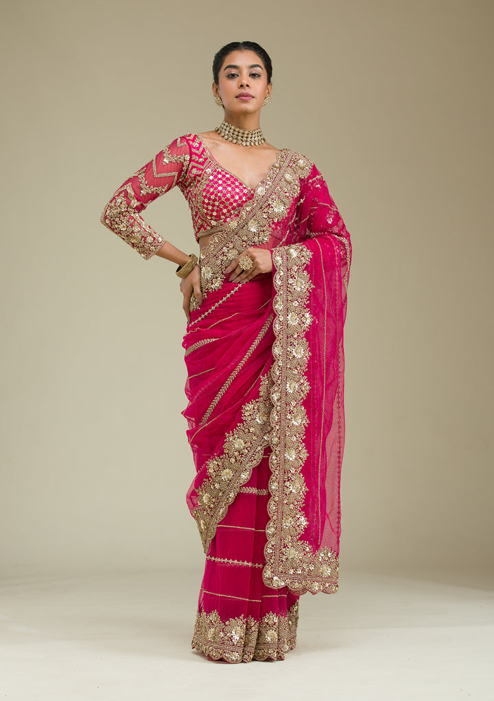 Rani Pink Tissue Cording Saree With Matching Blouse Piece