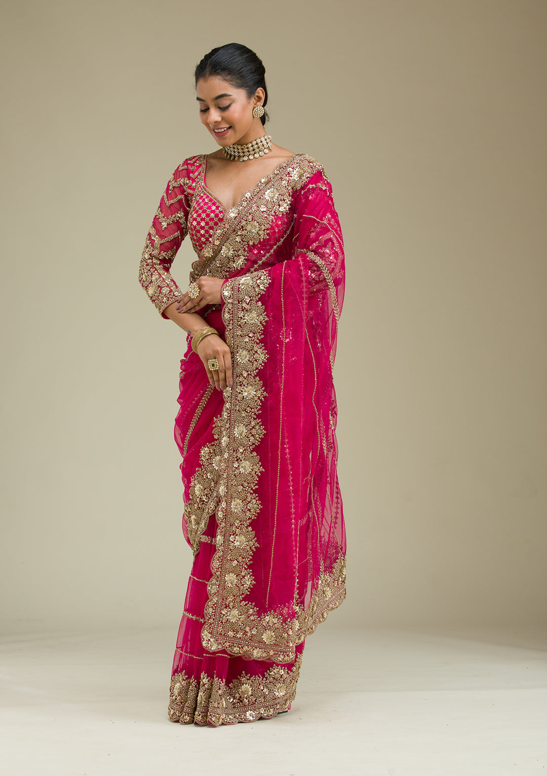 Rani Pink Tissue Cording Saree With Matching Blouse Piece