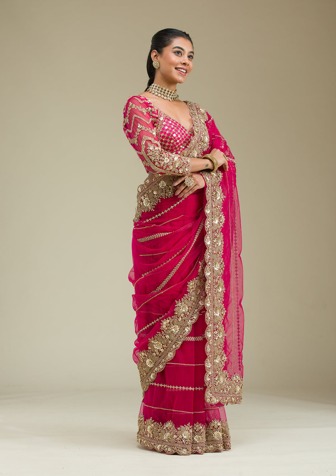 Rani Pink Tissue Cording Saree With Matching Blouse Piece