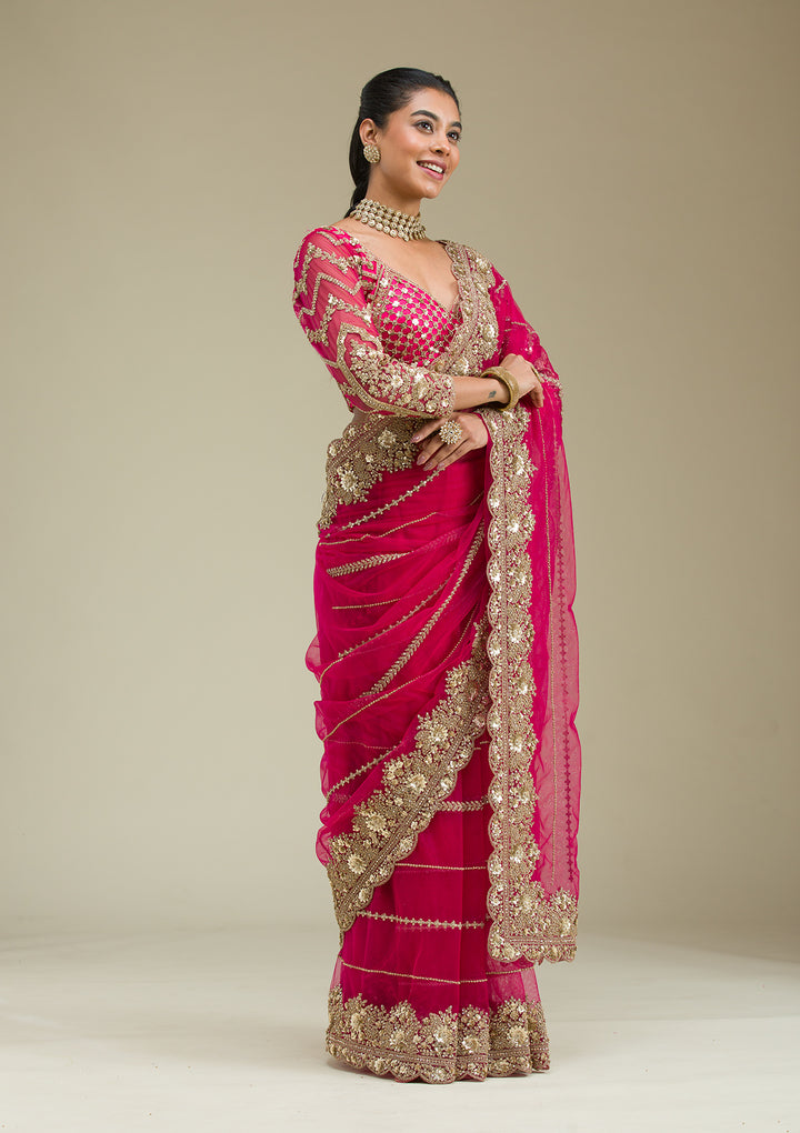 Rani Pink Tissue Cording Saree With Matching Blouse Piece