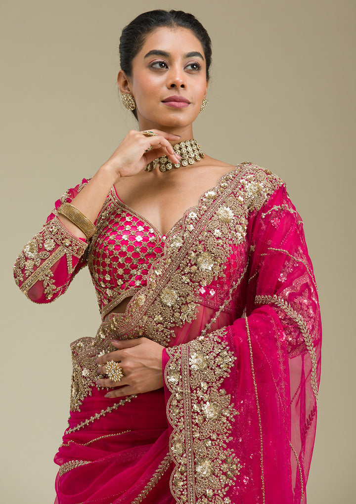 Rani Pink Tissue Cording Saree With Matching Blouse Piece