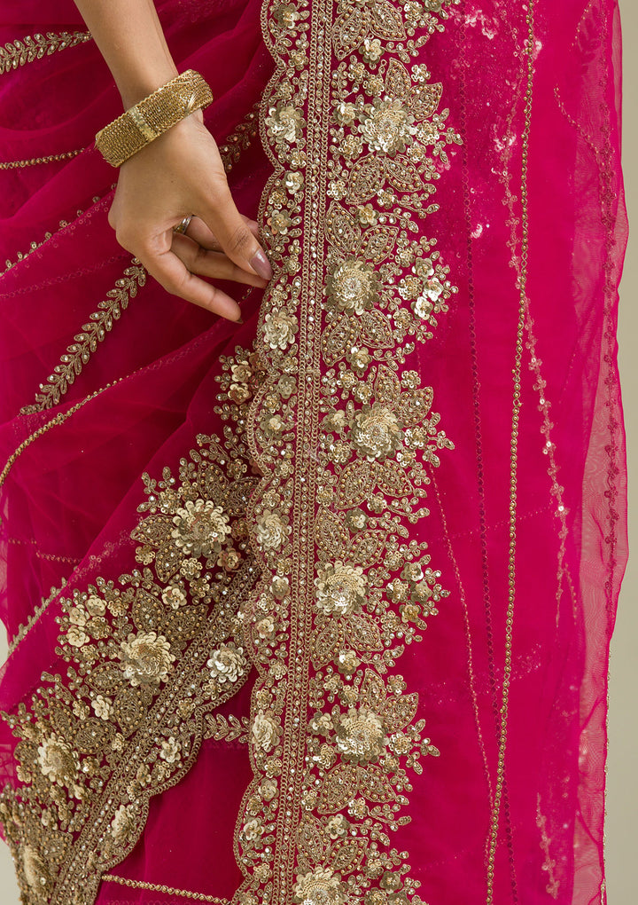 Rani Pink Tissue Cording Saree With Matching Blouse Piece
