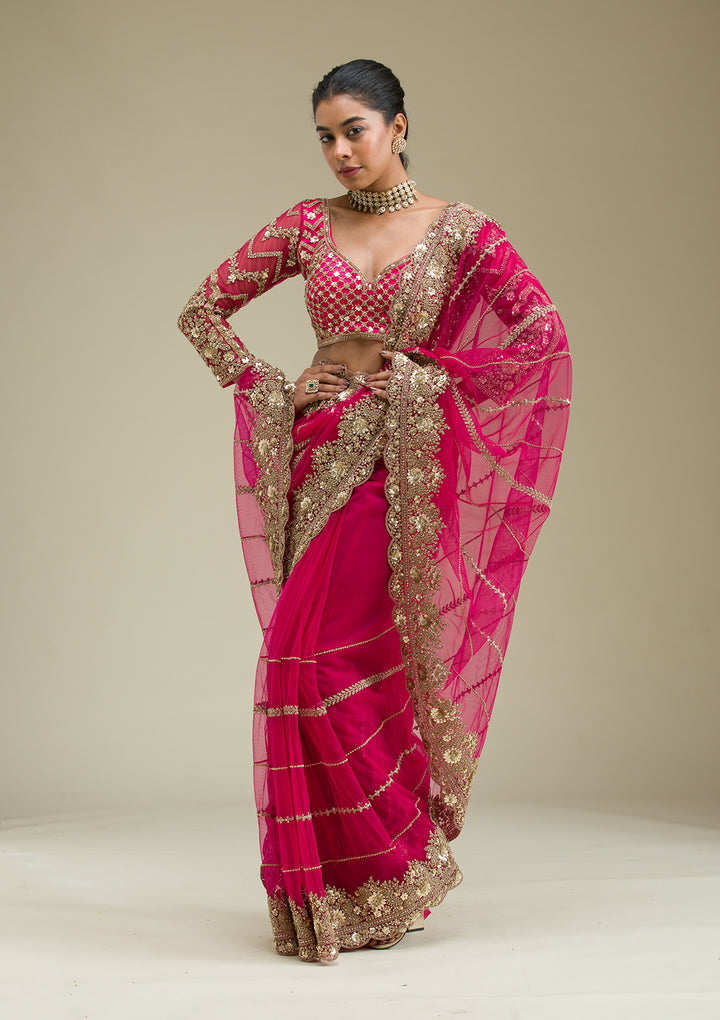 Rani Pink Tissue Cording Saree With Matching Blouse Piece